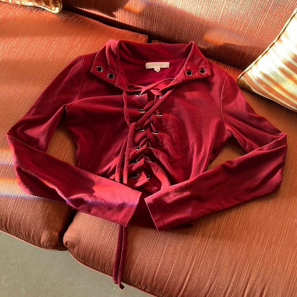 Burgundy lace up front top